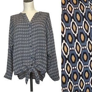 Pleione Tie-Front Blouse Blue‎ Tan Pattern Long Sleeve Roll Office Shirt Top Med